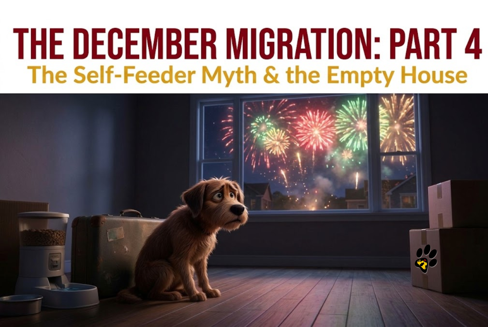 A sad dog inside an empty house at night with fireworks outside