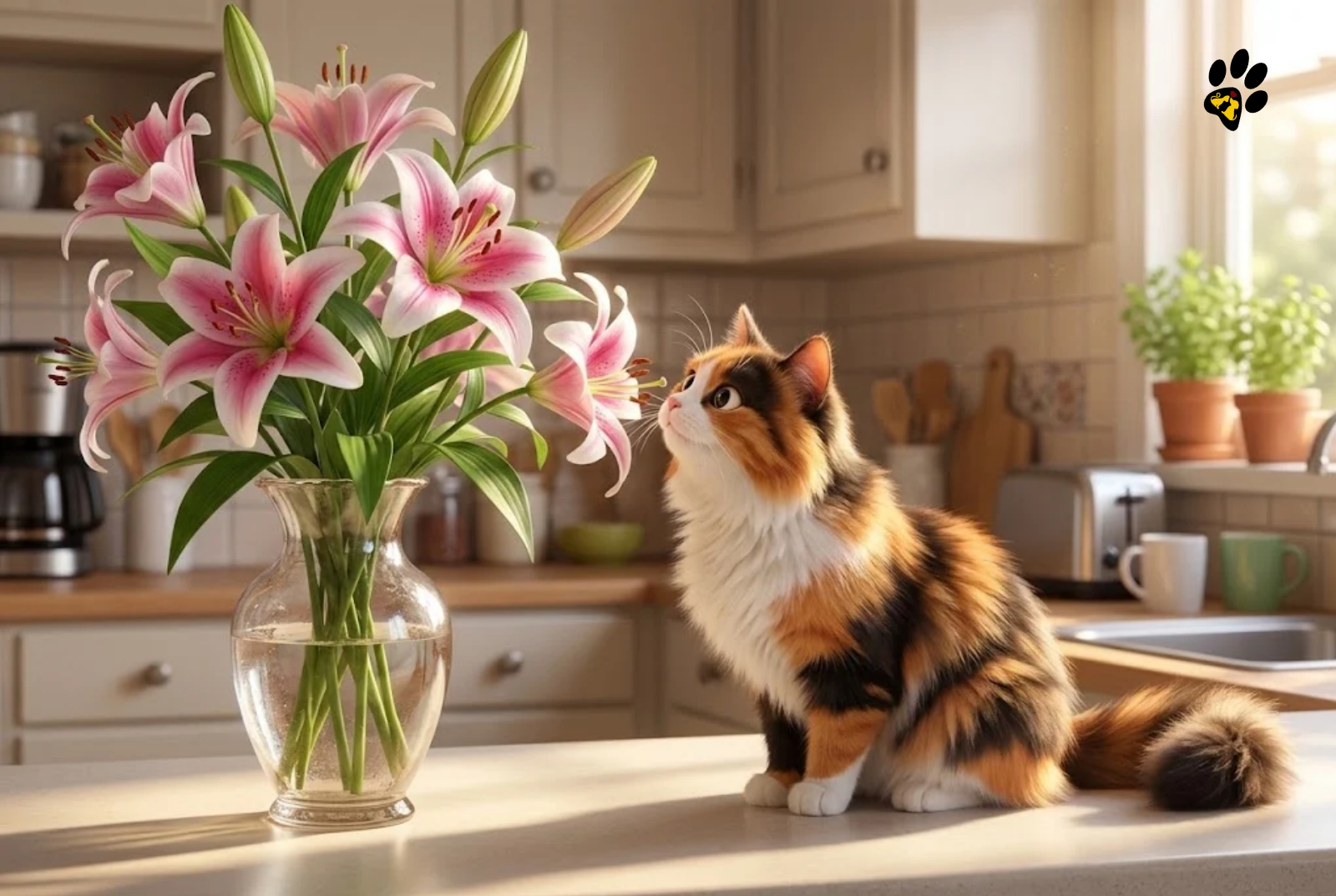Pixar style cat sniffing a vase of lilies on a kitchen counter