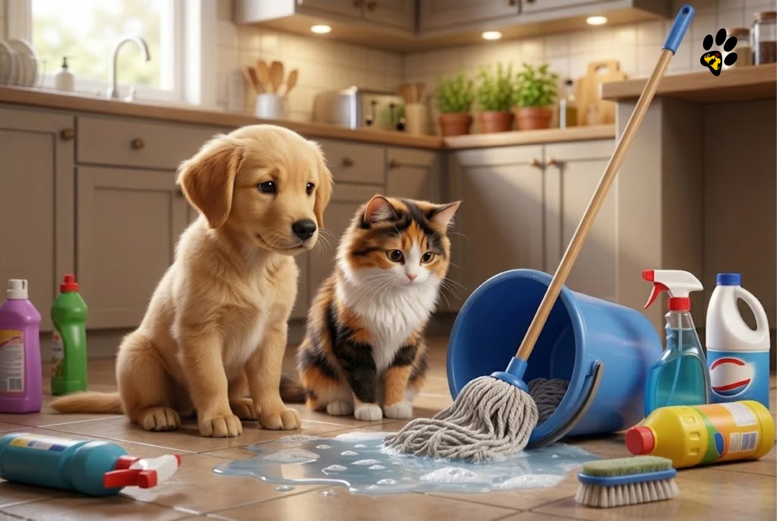 Pixar style puppy and kitten looking at cleaning products